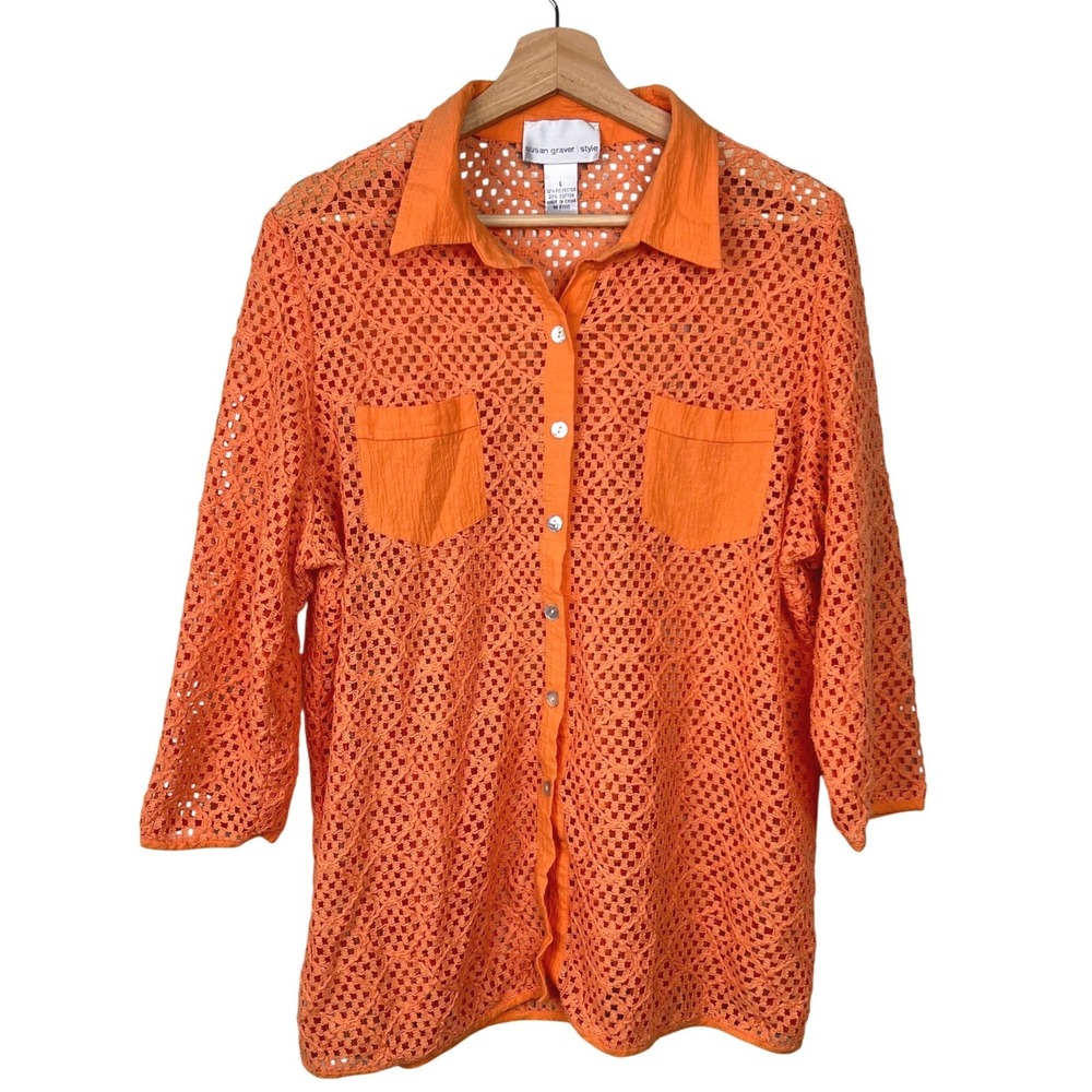 Susan Graver Style Orange Crochet Open Knit‎ Button Down Shirt Womens Large Boho